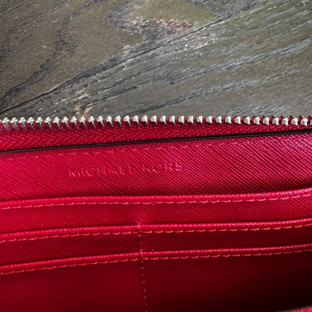 Michael Kors Jet Set Travel Large Saffiano Leather Three Quarter Zip Wallet Red
